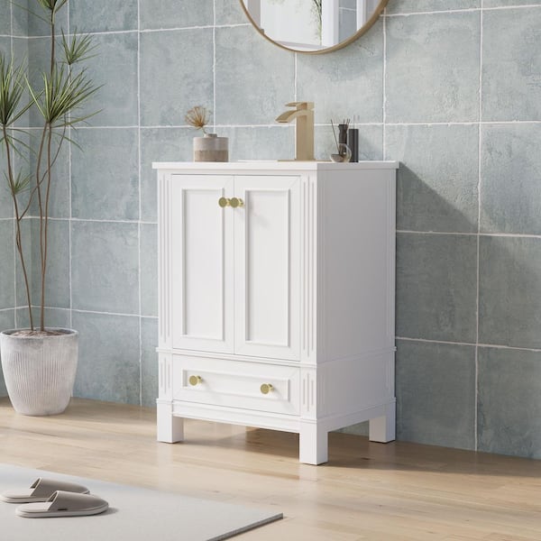 24 in. W Freestanding Single Sinks White Bath Vanity Cabinet with White Ceramic Top and Bottom Drawer Unassembled