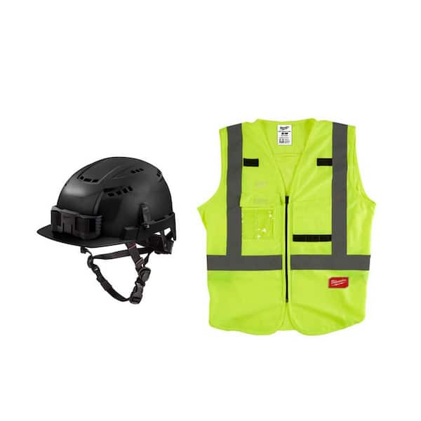 Milwaukee BOLT Black Type 2 Class C Front Brm Vented Safety Helmet w/Sm/Med Yellow Class 2 High Vis Safety Vest w/10-Pockets