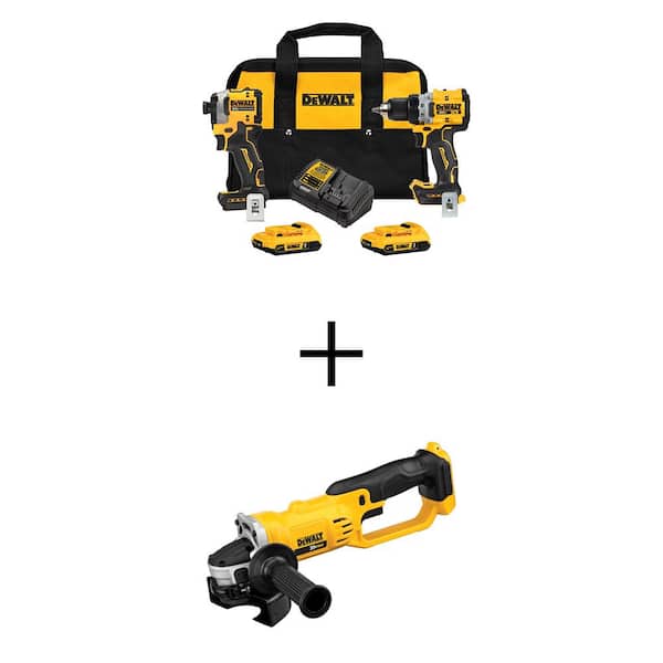 DEWALT 20V MAX XR Cordless Drill/Driver, ATOMIC Impact Driver 2 Tool Combo Kit and 4.5- 5 in. Angle Grinder w/(2) 2Ah Batteries