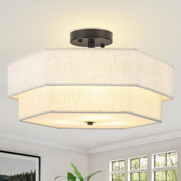 17.7 in. 3-Light Modern Black Metal and Fabric Drum Semi Flush Mount Ceiling Light Fixture