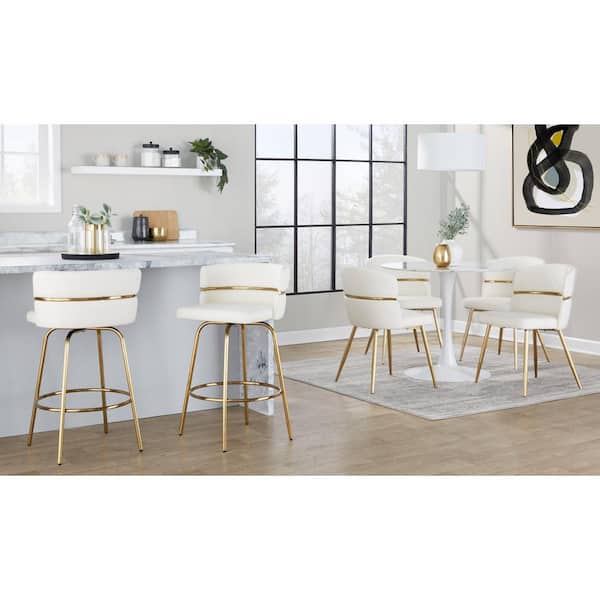 Cinch Claire 25.75 in. White Faux Leather and Gold Metal Fixed-Height Counter Stool with Round Footrest (Set of 2)