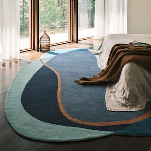 Prabal Gurung Greenwich Abstract Wool Blue Multicolor Shaped 5 ft. x 8 ft. Indoor/Outdoor Patio Shaped Rug