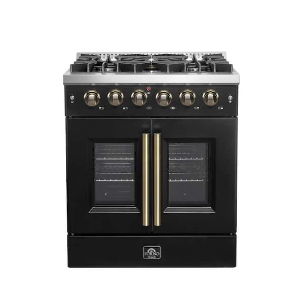 Galiano 30 in. French Door Gas Range, Black and Antique Brass, 4.32 cu. ft. Convection Oven 5-Burners