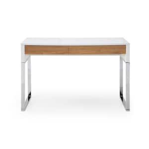 Olin 23.6 in. Wide Rectangular White/Silver Wooden 2-Drawers Writing Desk with Steel Legs