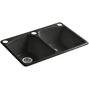 Tanager Undermount Cast-Iron 33 in. 3-Hole Double Bowl Kitchen Sink in Caviar