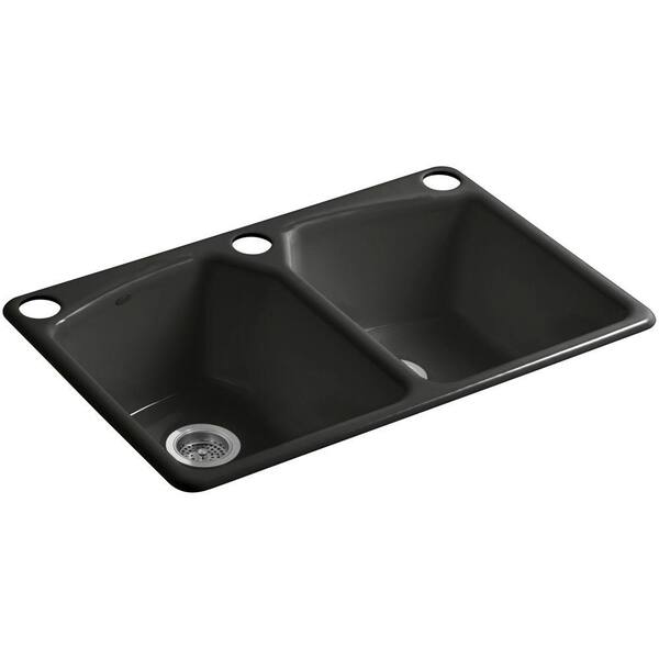 KOHLER Tanager Undermount Cast-Iron 33 in. 3-Hole Double Bowl Kitchen Sink in Caviar