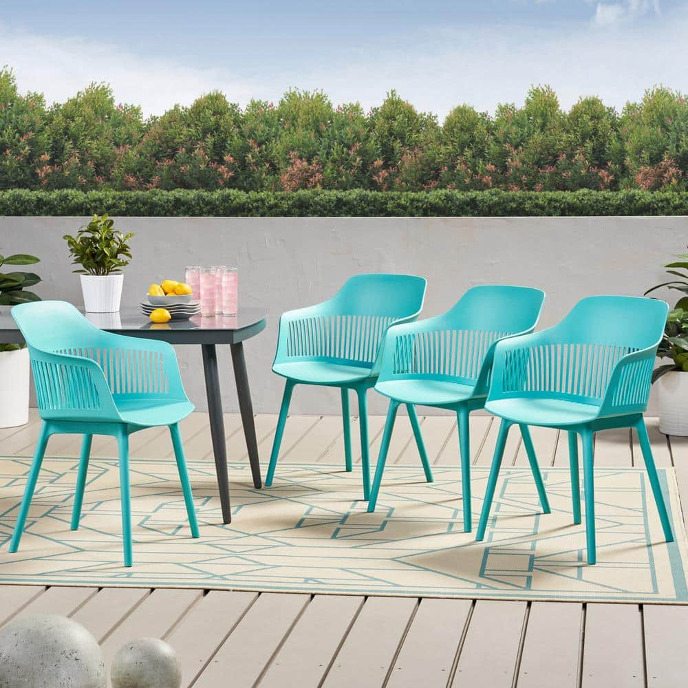 Noble House Dahlia Teal Plastic Outdoor Patio Dining Chair 4 Pack 82006 The Home Depot