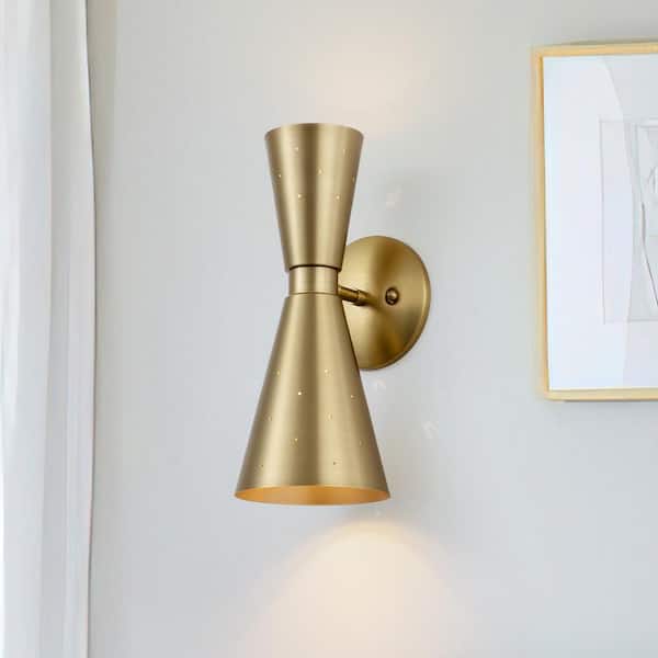 NIMBUS 2-Light 5.51 in. W Brass Cone Wall Sconce Up and Down Lighting with Barn Hourglass Metal Shades for Bedroom