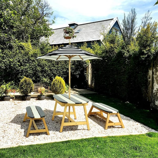 41.34 in. Natural Oval Wood Kids Picnic Tables with Umbrella, 2-Benches