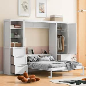 White Wood Frame Queen Size Murphy Bed with Closet, Drawers and Shelves