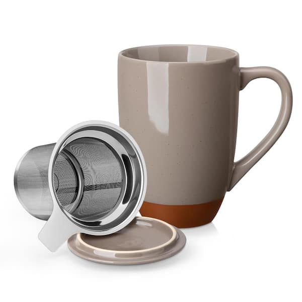Ceramic Tea Mug with Lid and Stainless Steel Infuser, 18 oz., Heat Resistant, Khaki Brown Speckled Glaze