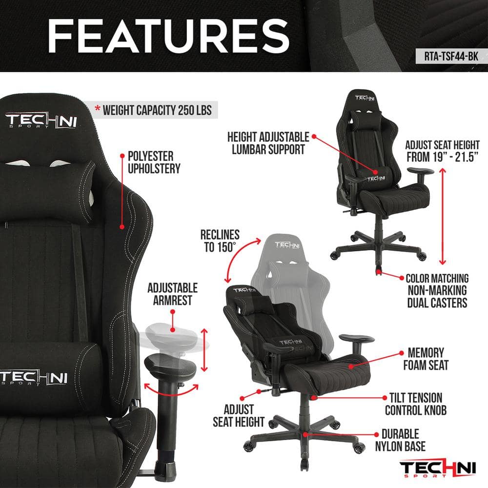 Racer High-Back Black Fabric Ergonomic Gaming Chair with Memory Foam