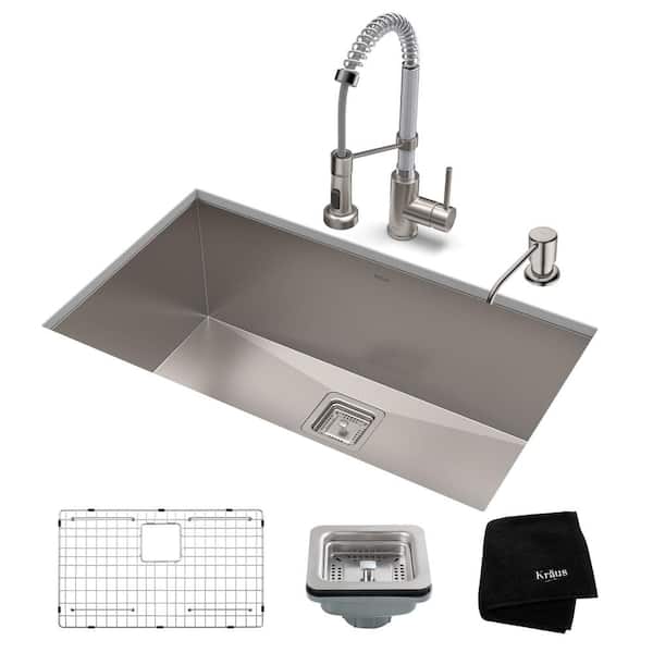 KRAUS Pax All-in-One Undermount Stainless Steel 28 in. Single Bowl Kitchen Sink with Faucet in Stainless Steel Chrome