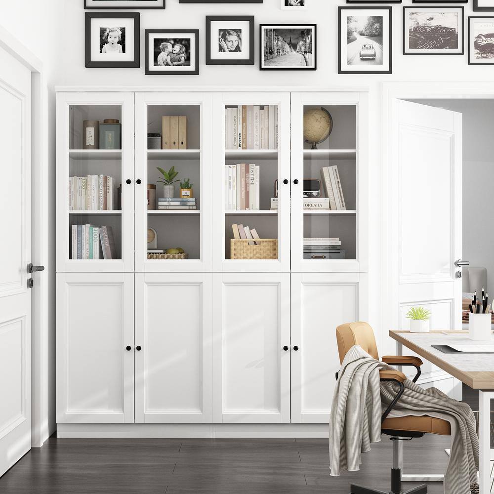White Engineered Wood 5-Shelf Bookcase with Glass Doors