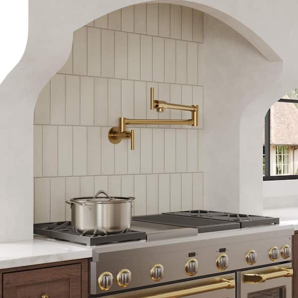 26 in. Wall-Mount Double Handles Pot Filler Faucet Kitchen Faucet with Dual Swing Arms in Brushed Gold