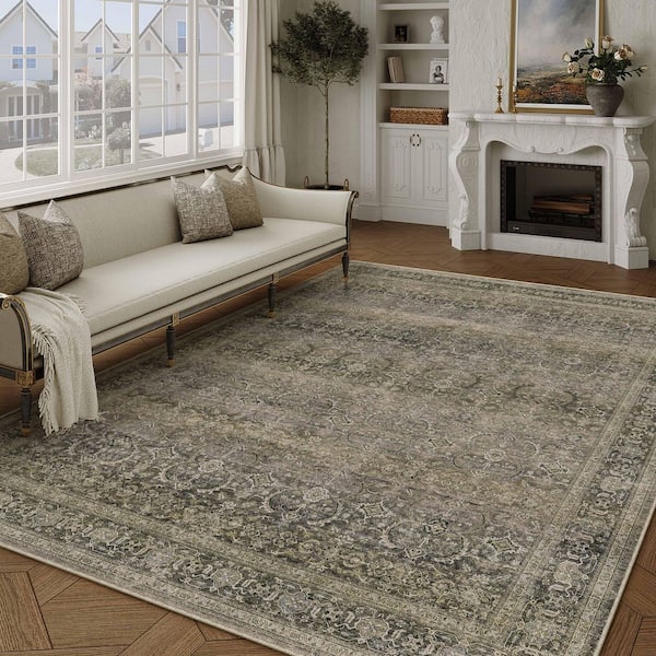 Holly 9 ft. X 12 ft. Taupe Distressed Vintage Floral Area Rug