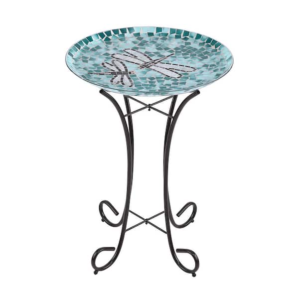 24 in. Tall Outdoor Mosaic Dragonfly Glass Birdbath Bowl with Metal Stand