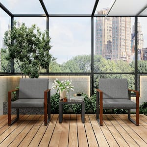 Black & Walnut 3-Piece Metal Patio Conversation Deep Seating Set w/ CushionGuard and Tempered Glass Table, Gray Cushions