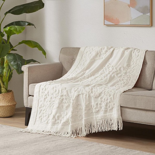 Mila Ivory Cotton Tufted Chenille Lightweight Throw Blanket With Fringe Tassel