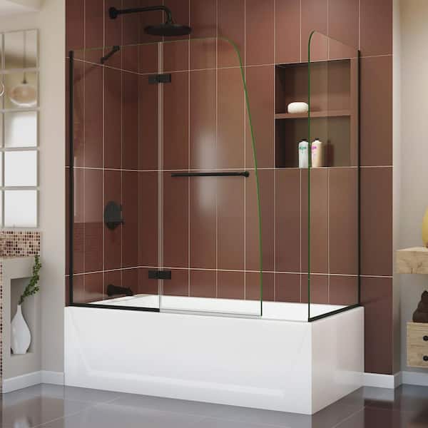 DreamLine Aqua Ultra 57 to 60 in. x 58 in. Hinged Semi-Frameless Tub Door with Return Panel in Matte Black with Clear Glass