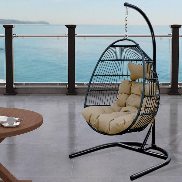 myhomore Outdoor Wicker Folding Hanging Chair, Rattan Patio Swing Hammock  Egg Chair with Cushion and Pillow EGGCH-WH - The Home Depot