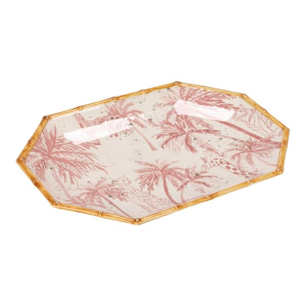 9.6 in Multi-Colored Hand-Painted Stoneware Octagon Platters with Palm Trees, Animals, and Bamboo-Style Edge