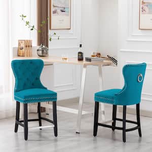 Harper 24 in. High Back Nail Head Trim Button Tufted Teal Velvet Counter Stool with Solid Wood Frame in Black