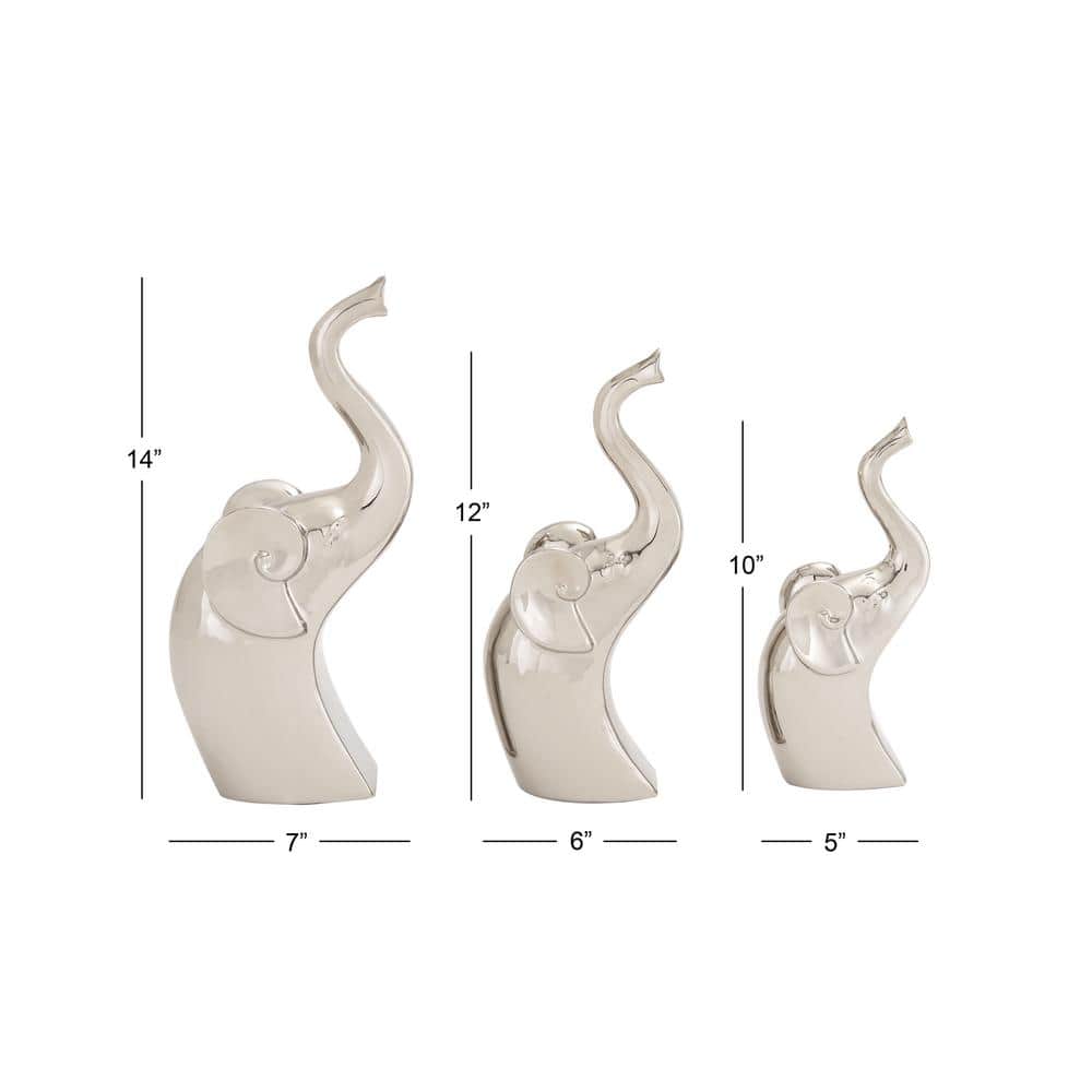 Silver Porcelain Elephant Statue Set with Polished Finish