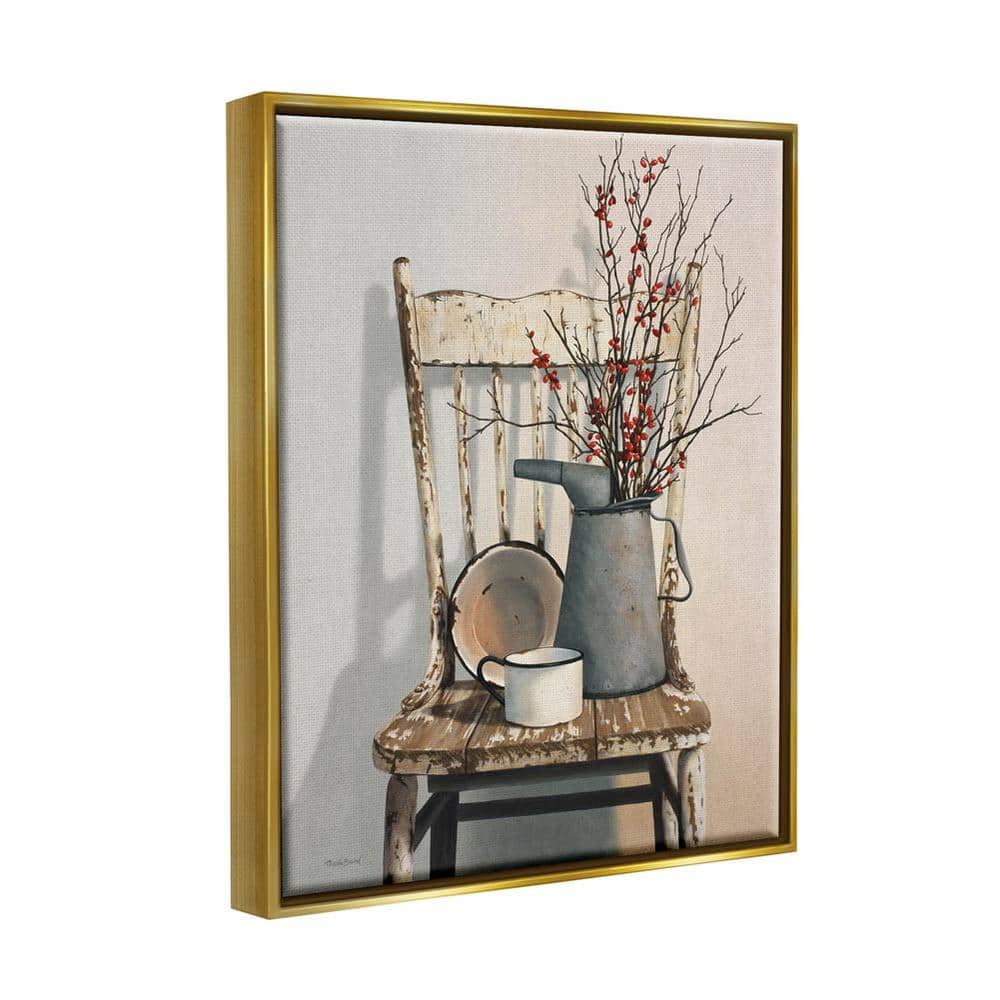 Vintage Rustic Gold Framed Canvas Painting with Chair and Vase, 25 x 31