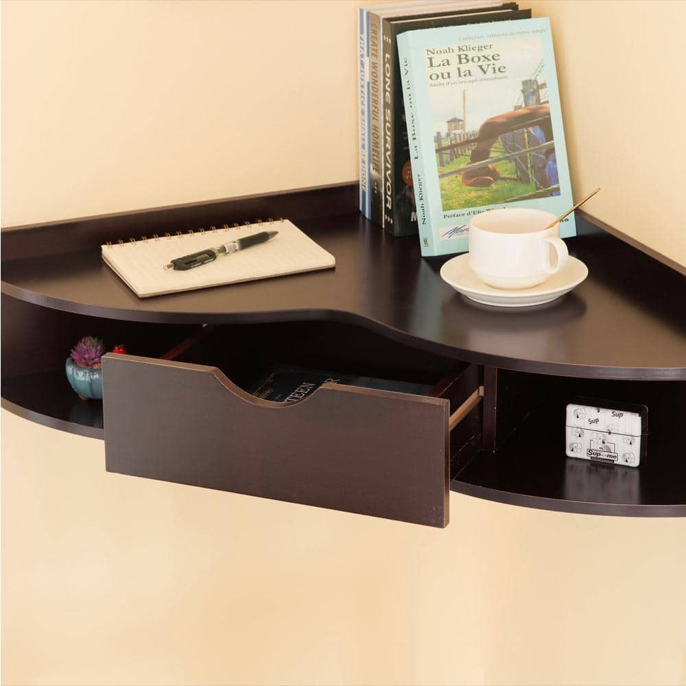 Elegant Heart-Shaped Brown Corner Writing Desk with Drawer and Shelves