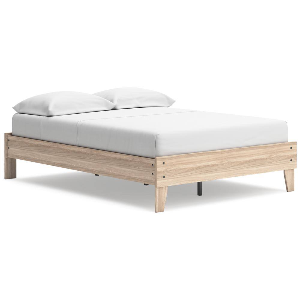 Battelle Full Oak Wood Frame Platform Bed with Upholstered Headboard