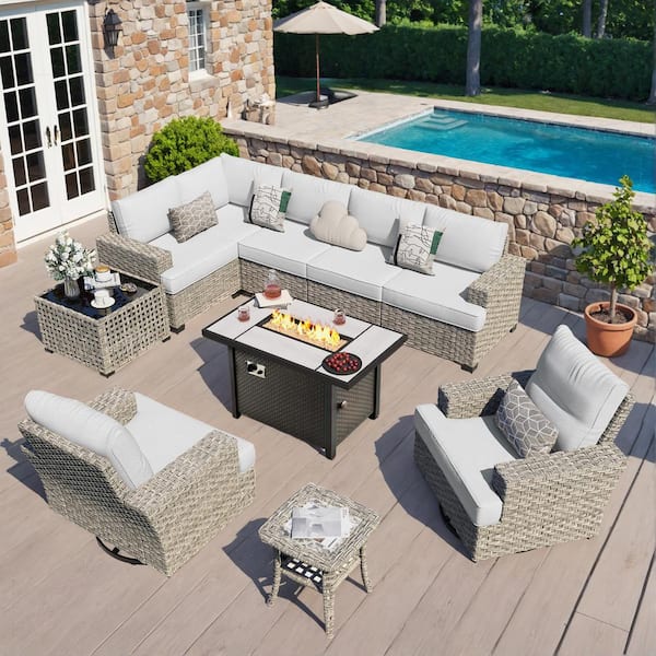 Torino 10-Piece Wicker Outdoor Patio Conversation Sofa Sectional Chairs Set with Metal Fire Pit and Light Gray Cushions