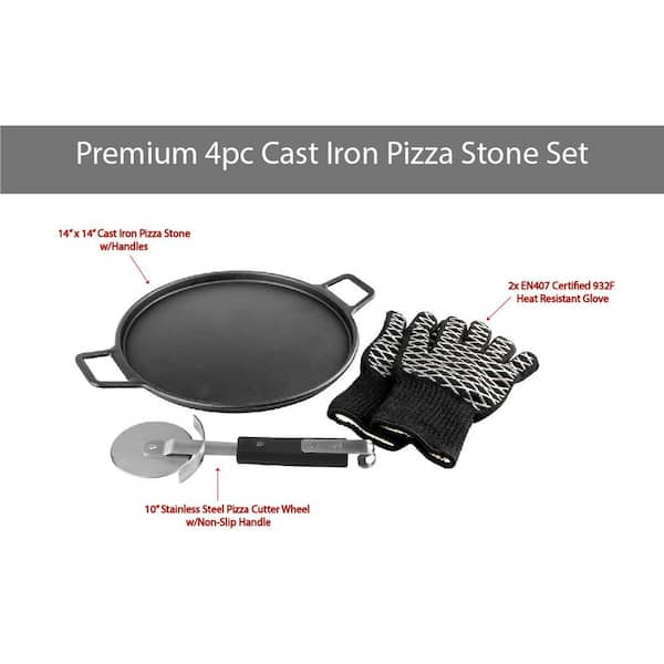 PITMASTER KING 4-Piece Cast Iron Pizza Stone/Round Griddle/Skillet with  Handles, Pizza Cutter, Heat Resistant Gloves 850008244407 - The Home Depot