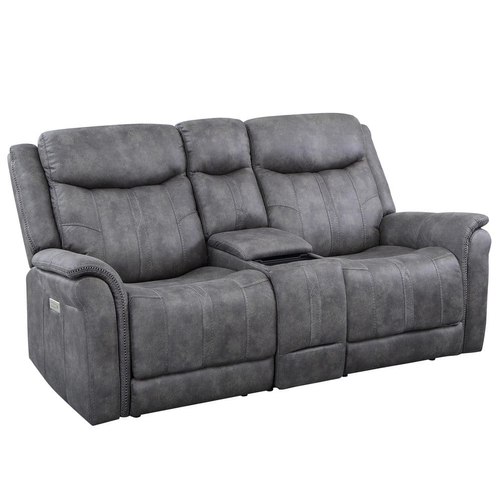 Steve Silver Morrison 78 in. Stone Faux Suede 2-Seat Power Reclining Loveseat with Storage Console and USB Charging