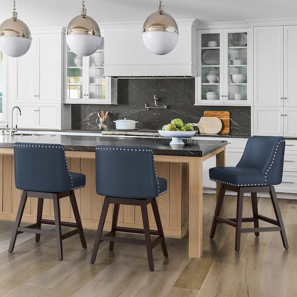 26 in. Navy Blue Wood 360 Free Swivel Upholstered Counter Bar Stool w/Back Performance Faux Leather Bar Stool Set of 2