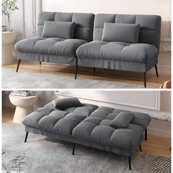 ComHoma Gray Fabric Futon Couch with Adjustable Backrest Convertible Futon Sofa Bed with Metal Legs Convertible Sofa Bed