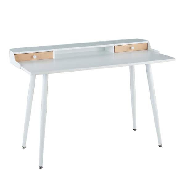 Lumisource Harvey 47.5 in. Rectangular White Wood and White Metal 2-Drawer Writing Desk with Natural Wood Accents