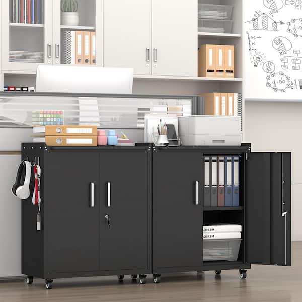 26 in. W x 32 in. H Black Rolling Metal Storage Cabinet, Mobile Tool Locker with Lock, 360° Casters & Shelves for Garage