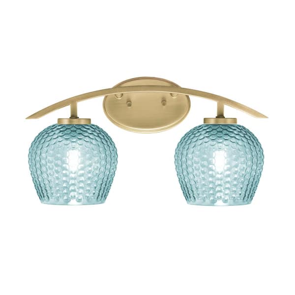 Unbranded Siena 18.25 in. 2-Light Vanity Light New Age Brass with 6 in. Turquoise Textured Glass Shades, No Bulbs Included