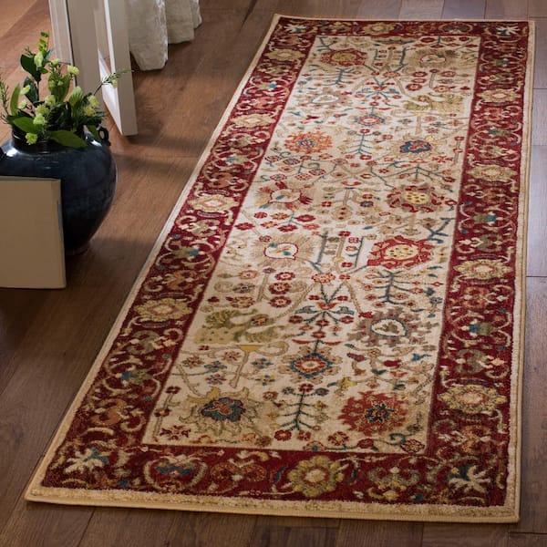 Kashan 3 ft. x 10 ft. Ivory/Red Floral Border Runner Rug