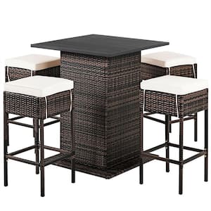 5-Piece Wicker Outdoor Serving Bar Set with Storage Shelf White Cushioned