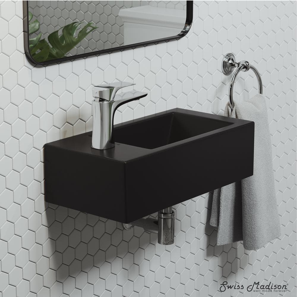Matte Black Rectangular Ceramic Wall-Mounted Sink with Left Side Faucet