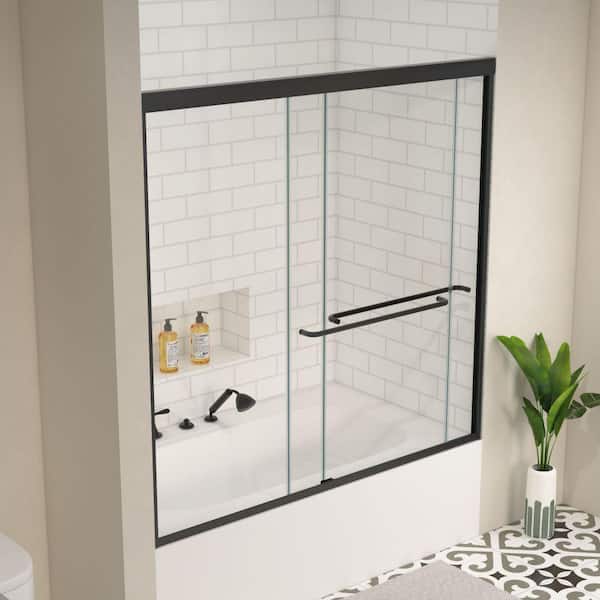 Xspracer Moray 60 in. W x 58 in. H Sliding Frame Bathtub Door in Matte Black Finish with Clear Glass