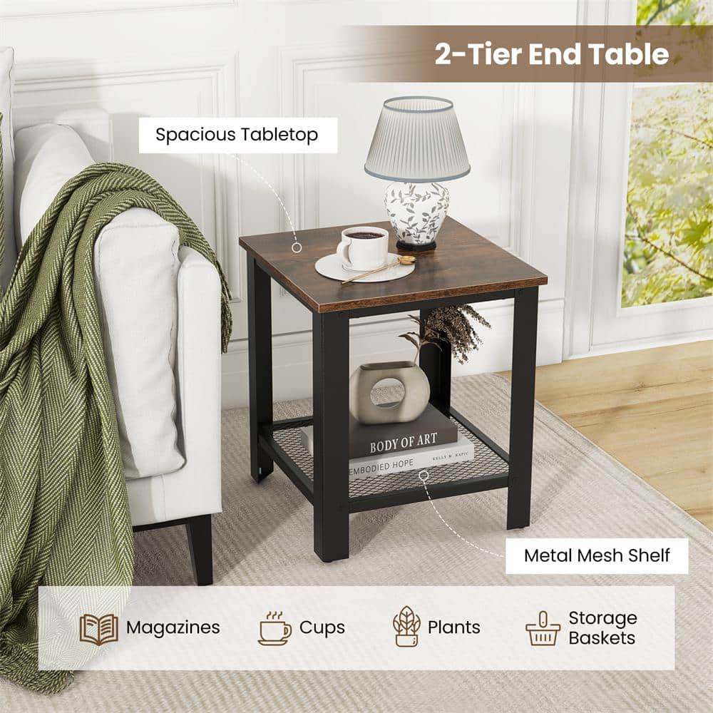 Industrial Black Metal and Wood 2-Tier End Table