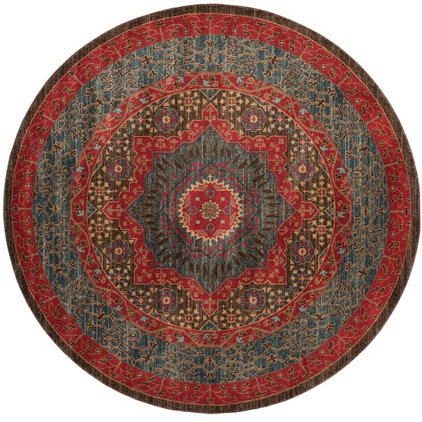 Mahal 9 ft. x 9 ft. Round Navy/Red Antique Border Area Rug