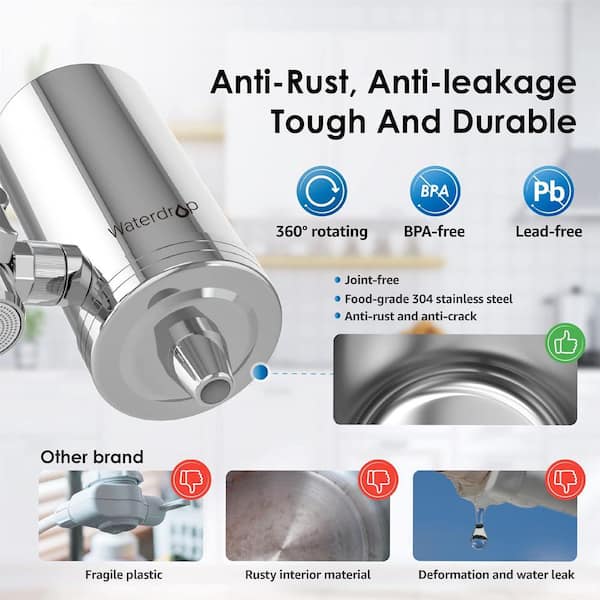 Stainless-Steel Faucet Water Filter,Carbon Block System,Reduces Chlorine,Heavy Metals Fits Standard Faucets, 4 Filters