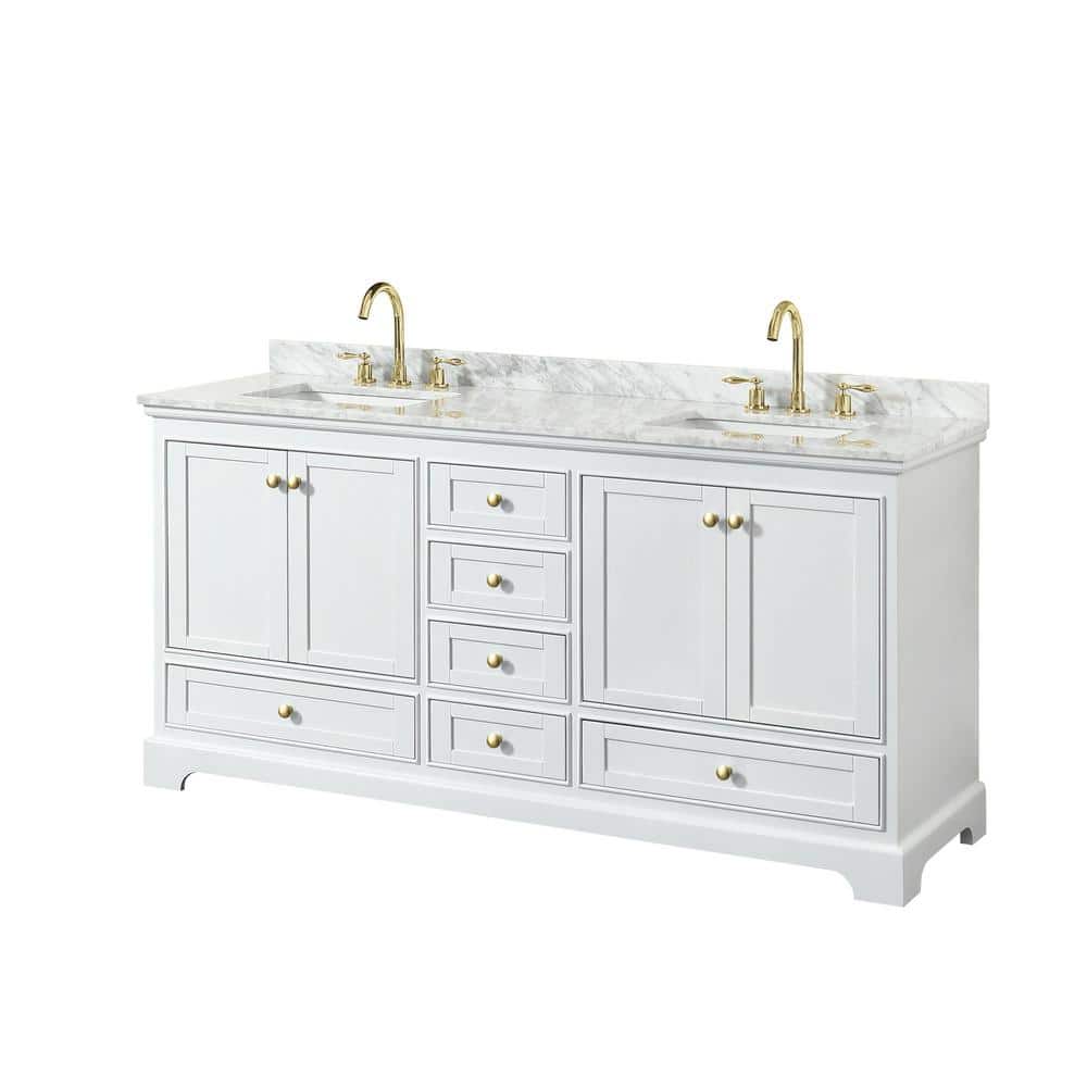 Deborah Classic White 72" Double Vanity with Carrara Marble Top and Gold Trim