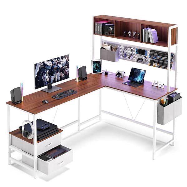 Modern 19.7 in. L-Shaped Brown Wood 2-Drawers Gaming Desk with RGB Lighting,Power Outlet and Storage