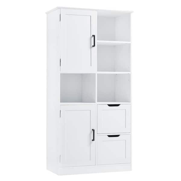 31 in. W x 16 in. D x 62 in. H White Freestanding Linen Cabinet with Drawer and Doors