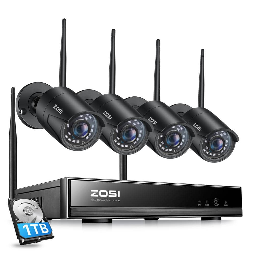 ZOSI 8-Channel 3MP 2K 1TB Hard Drive NVR Security Camera System with 4 Wireless Bullet Cameras - Black